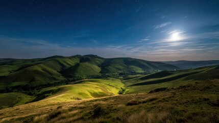 Fototapeta premium A beautiful night sky with a full moon shining on the green hills. The moon is the brightest object in the sky, and it illuminates the landscape below. The scene is peaceful and serene