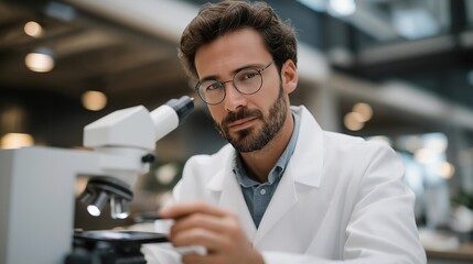 A scientist fine-tuning a lab prototype of a medical sensor, checking microelectronics under a magnifying lens as LED indicators blink — medical device development, precision engineering, and