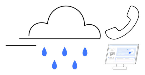 Cloud with rain drops, phone receiver, and digital screen visuals represent data flow, connectivity, technology, remote collaboration, cybersecurity, customer support, and network metaphor using