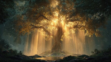 Magical golden tree illuminated by sunrays in a misty forest clearing