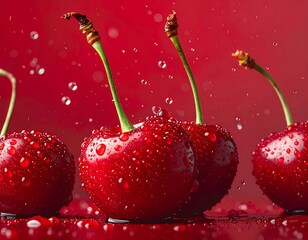 Gleaming wet cherries sit in a row against a rich red backdrop, sparkling with scattered water droplets