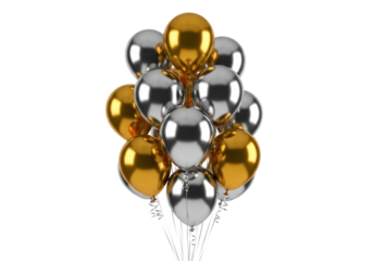 tightly clustered group of highly reflective metallic gold and silver mylar helium balloons, ascending against a seamless white background, ample copy space provided. concept for high-end luxury