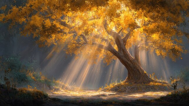 Magical golden tree illuminated by sunrays in a misty forest clearing