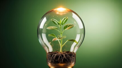 A young plant sprouts within a glowing light bulb, symbolizing new ideas and eco-friendly innovation.