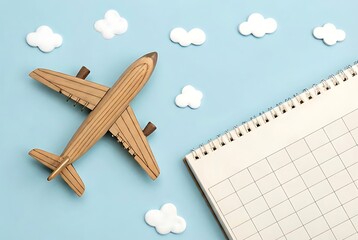 Travel Planning with Wooden Plane, Calendar, and Clouds on Blue