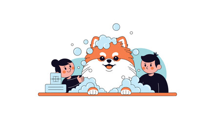 Fototapeta premium A cute and happy Pomeranian dog is getting a bath from two people and is covered in soap bubbles and suds.