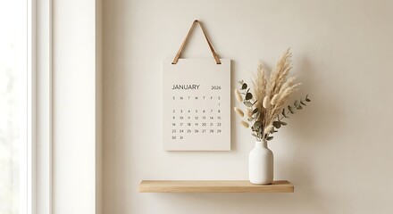 Minimalist January 2026 Wall Calendar with Dried Plants Decor