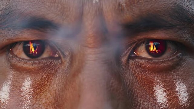 Extreme close up shot of intense tribal eyes reflecting orange campfire flames through smoke at night