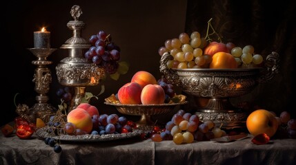 Classic still life with apples, grapes, and grapefruit in silver bowls