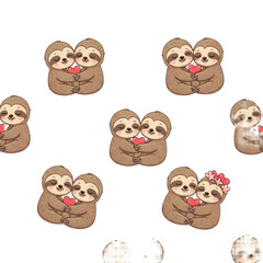 Naklejka premium adorable anthropomorphic baby sloth couples embracing in a dense, seamless vector pattern with scattered pink hearts and stylized script on a white background. concept for valentine's day graphics