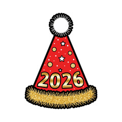 New Year's 2026 party hat icon. Red cone hat with gold glitter accents, stars, and the number 2026 decorated with a white pompom and gold furry brim. Vector illustration.