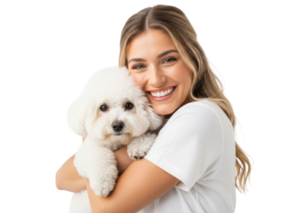 Young caucasian woman with long blonde hair and perfect smile tightly hugging a snow-white bichon frise dog in a high-key studio setting, surrounded by white copy space. Concept of companionship and