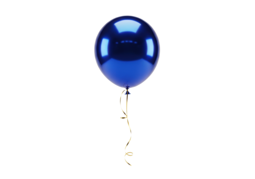 Single, perfectly spherical, deep cobalt blue high-gloss mylar helium balloon floating mid-air with a delicate metallic gold ribbon trailing against an immaculate white background, concept for luxury
