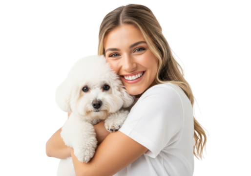 Young caucasian woman with long blonde hair and perfect smile tightly hugging a snow-white bichon frise dog in a high-key studio setting, surrounded by white copy space. Concept of companionship and
