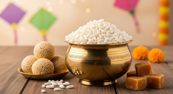 Puffed rice (Murmura), sesame laddoos, and jaggery on a wooden table, depicting an Indian festival celebration concept like Makar Sankranti.