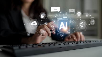 Concept of a cognitive and conversational AI. The central processor powers a chatbot, performs...