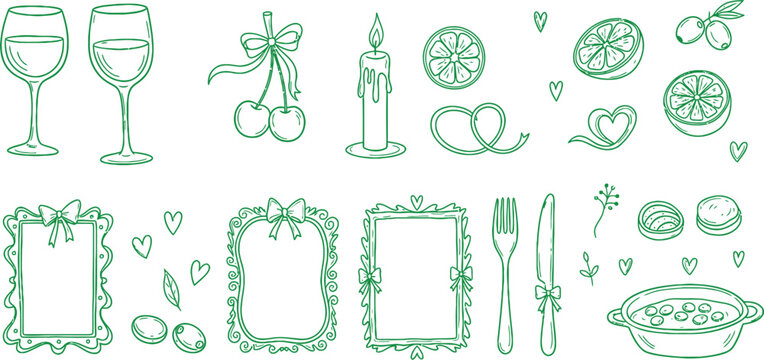 Elegant green line art collection of wedding elements