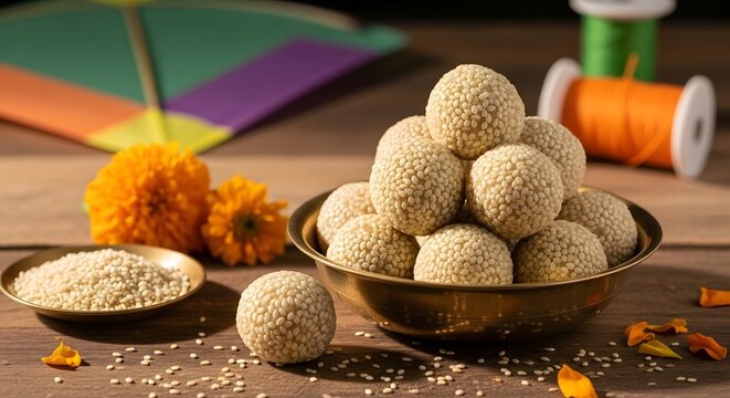 Traditional tilgul ladoo sweets arranged on a rustic wooden table with a kite, marigold flowers, and thread for Indian festival celebration concept