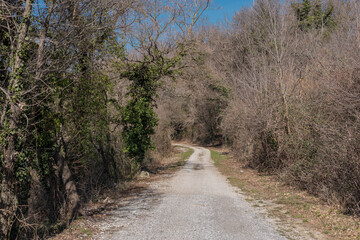 A panoramic view of a gravel cycle path along a rocky hillside with a rusty guardrail and a dark railway tunnel entrance among sparse, wooded trees.