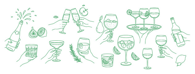 Green line art of celebration drinks and hands © 47 Visual