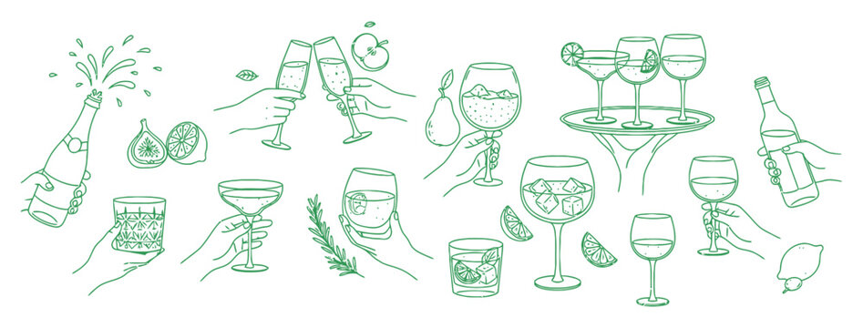 Green line art of celebration drinks and hands