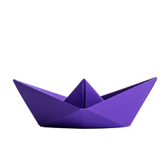 Single, royal purple washi paper origami boat, sharp macro close-up, side view, isolated on a pristine white studio background with copy space. Concept of new journey and potential