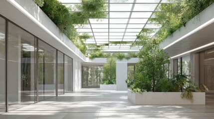 A large open space with a lot of greenery and plants. The space is very bright and airy, with a lot of natural light coming in through the windows. The plants are arranged in various pots and planters