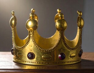 Glistening golden crown, adorned with red jewels, rests on a dark wooden surface, casting soft shadows