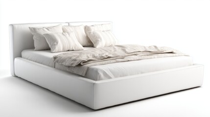 Obraz premium A white bed with a white comforter and white pillows. The bed is unmade and the pillows are neatly arranged. The bed is the main focus of the image and it gives off a clean and organized vibe