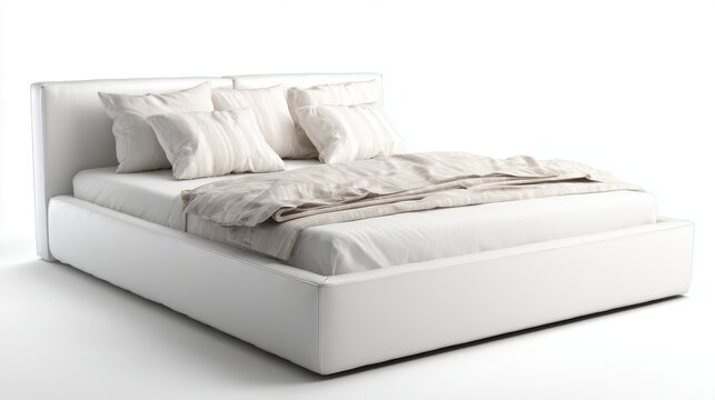 A white bed with a white comforter and white pillows. The bed is unmade and the pillows are neatly arranged. The bed is the main focus of the image and it gives off a clean and organized vibe