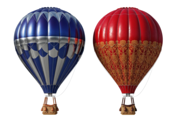 two highly detailed, luxurious blue metallic and crimson velvet hot air balloons floating on a pure white, infinite studio background with dramatic cinematic lighting, concept of sophisticated luxury