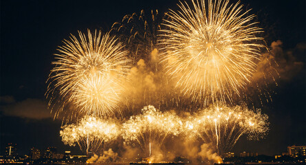 Holiday Salute with Exploding Fireworks in Night Sky