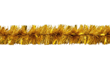 Single strand of bright gold metallic tinsel garland, macro detail, horizontal border element, high-key pure white background with copy space. Concept of luxurious festive decoration