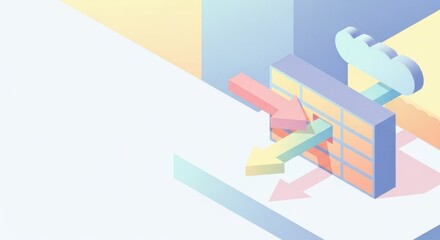 Abstract design depicting communication technology with arrows, blocks, and cloud symbol in pastel colors. This graphic illustrates dynamic data flow within a modern communication system.