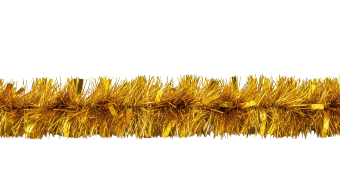 Single strand of bright gold metallic tinsel garland, macro detail, horizontal border element, high-key pure white background with copy space. Concept of luxurious festive decoration