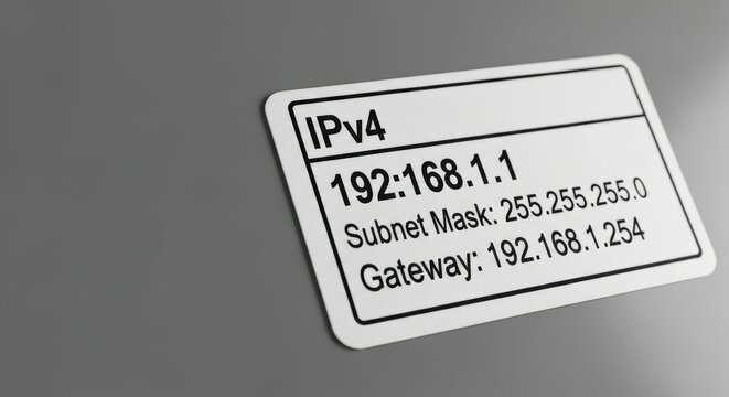 IP address label showing IPv4 configuration with 192.168.1.1, subnet mask 255.255.255.0, and gateway 192.168.1.254. This label provides essential network details for device connectivity,