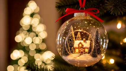 A Christmas tree decoration featuring a small house in the snow inside a glass round ball with a window, glowing warmly against a blurred festive background.