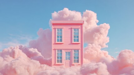 Naklejka premium A pink building is in the clouds. The sky is blue and cloudy