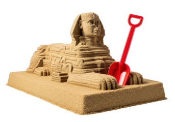 Miniature sand sculpture of the great sphinx, highly detailed texture, golden sand mound, bright red toy shovel resting on base, high-key lighting, clean white background, copy space, concept of