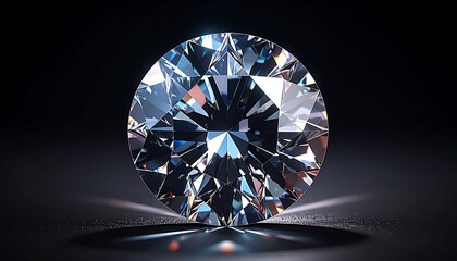 Glistening round cut diamond casting shadows, reflects light on a dark background