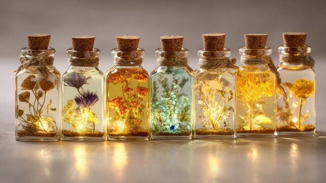 Collection of dried flowers and leaves preserved in small glass jars with cork lids