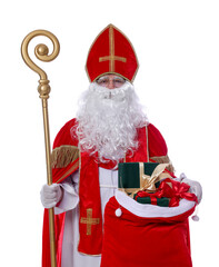 Saint Nicholas with crozier and sack full of gifts on white background