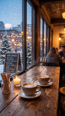 Obraz premium Cozy cafe scene featuring two steaming cups of coffee on a rustic wooden table, with snow falling outside and warm ambiance creating a welcoming atmosphere for patrons