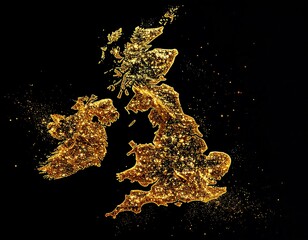 Glittering golden particles form a map of the British Isles on a stark black background, with sparkling trails