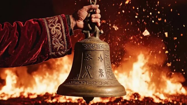 Person rings a large bronze ceremonial bell dramatically set against a vibrant orange and red background of blazing fire