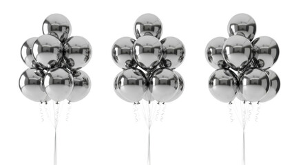 Three bunches of reflective metallic silver mylar orb balloons floating against a seamless high-key white studio background with panoramic copy space, elegant celebratory party atmosphere