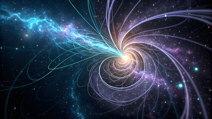 A deep cosmic-black background pulses with dynamic, luminous magnetic field lines—sweeping, fluid curves of radiant cyan and electric violet that arc and intertwine in elegant, invisible force