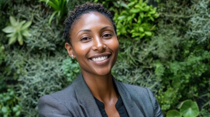A confident woman with curly hair smiles warmly while wearing a blazer. She stands in front of a vibrant green plant wall showcasing her professional demeanor in a natural setting.