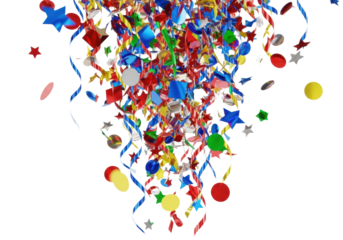 dynamic shower of highly reflective metallic foil confetti and curling streamers in primary colors (red, blue, yellow, green), macro detail suspended on a pure white background, high-key studio