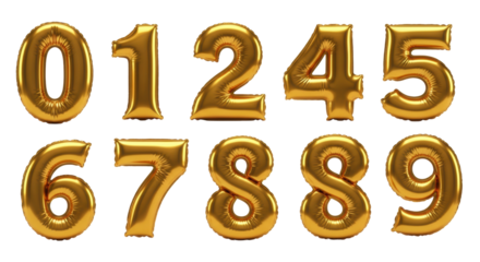 hyper-realistic 3d rendering of numbers 0-9 as perfectly inflated, reflective 24k gold foil balloons, isolated on pure white background with strong rim lighting. concept for luxury advertisement